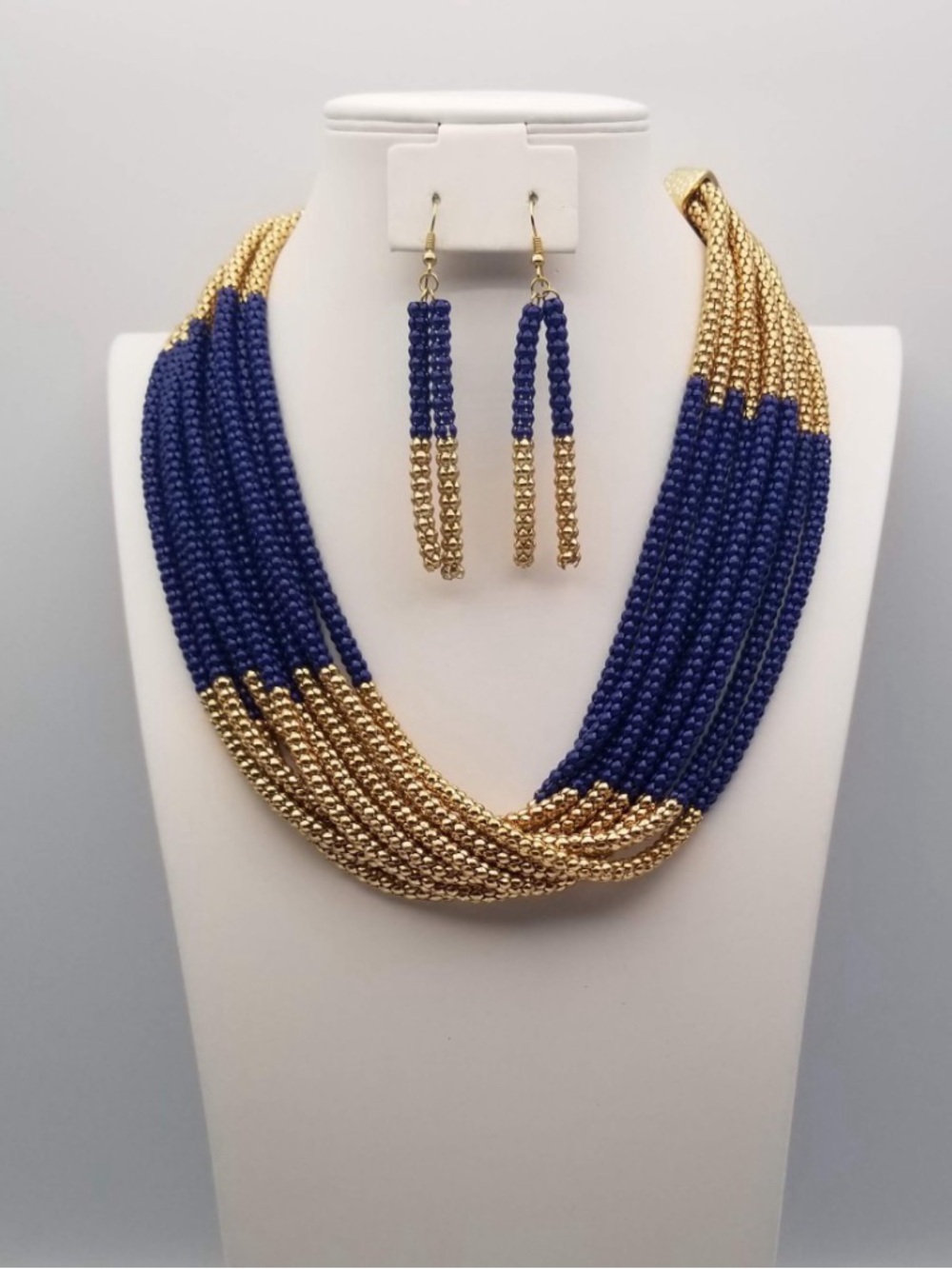 Gold and Navy Beaded Multi-Strand Necklace & Earring Set
